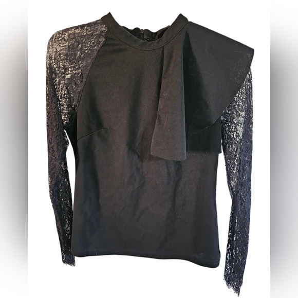 Shein Black Lace Sleeve Ruffle Shoulder Top Women’s Medium Blouse Victorian Goth - Picture 2 of 7